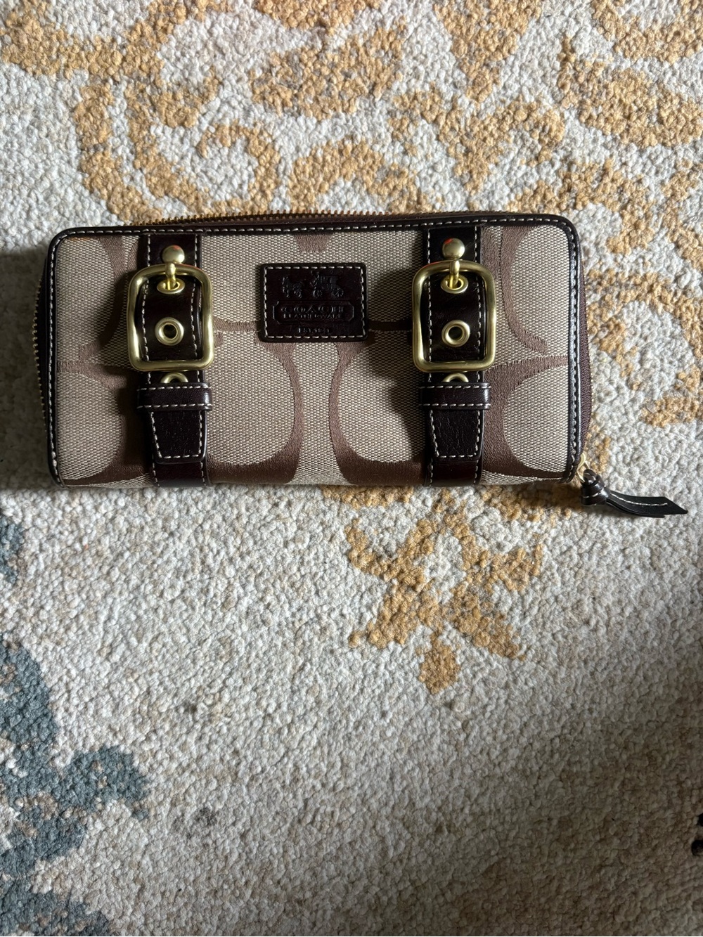 Coach Brown Signature Canvas Zip-Around Wallet with Gold Hardware